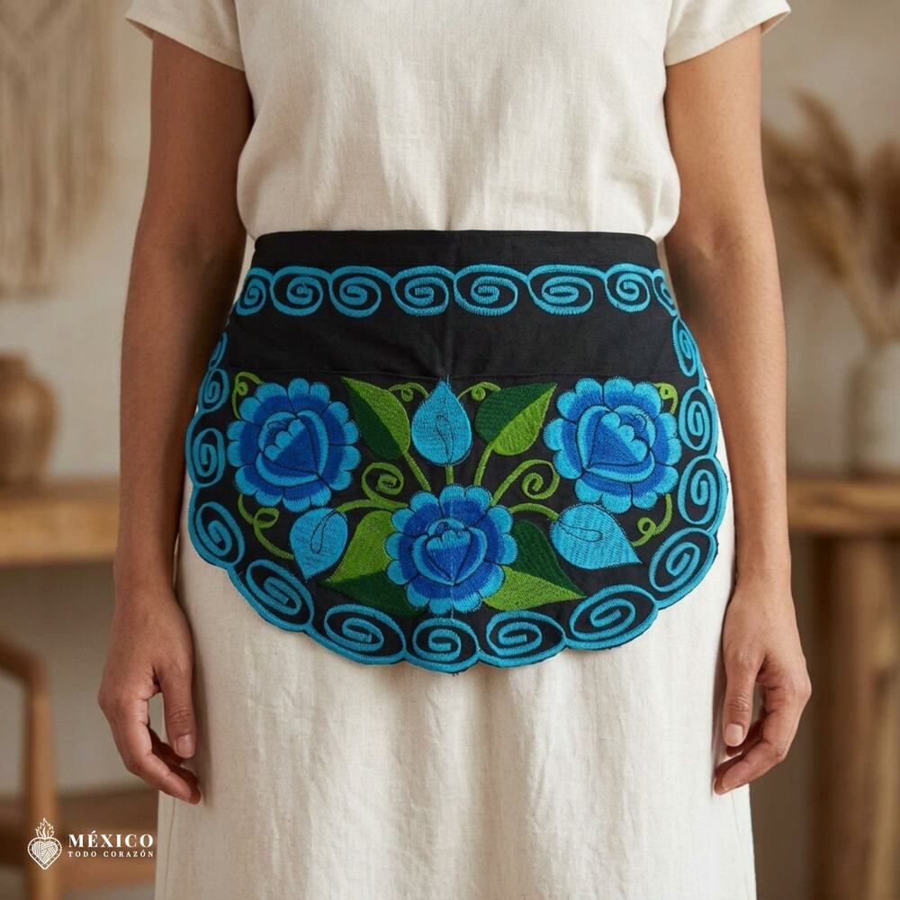 Mexican Embroidered Waist Apron – Floral Pocket Design, Traditional Tie Apron